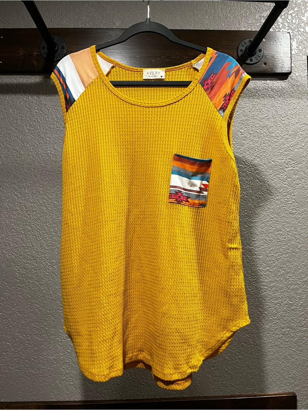 Avery Apparel Company mustard waffle knit tank with patterned accents